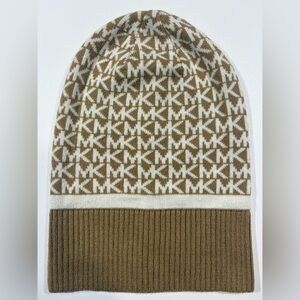 Michael Kors MK Logo Knit Beanie Brown Cream Winter Hat